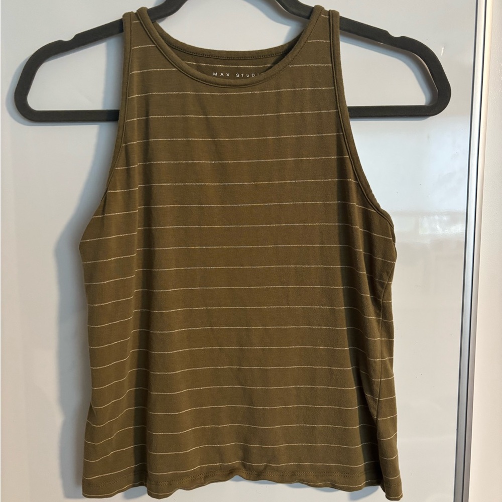 Max Studio Soft High Neck Sleeveless Tank Olive Green Gold Stripe XS Light Shirt